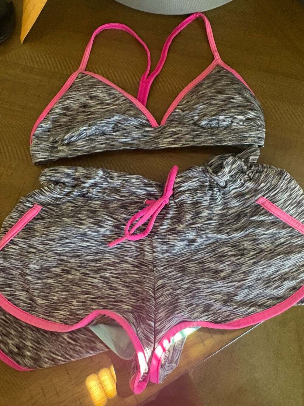 Athleta Gray and Pink Racerback Sports Bra and Shorts Set Size S